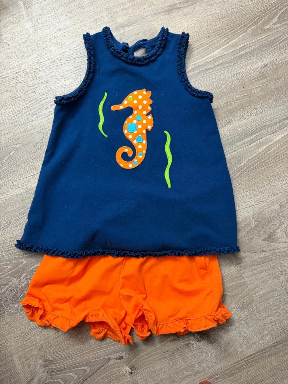 Kelly Kids Navy Seahorse Tank & Orange Ruffle Shorts Set